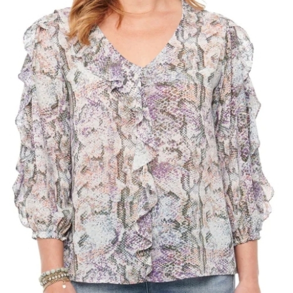 Democracy 3/4 Sleeve Ruffle Front Snake Print Blouse - Picture 1 of 9